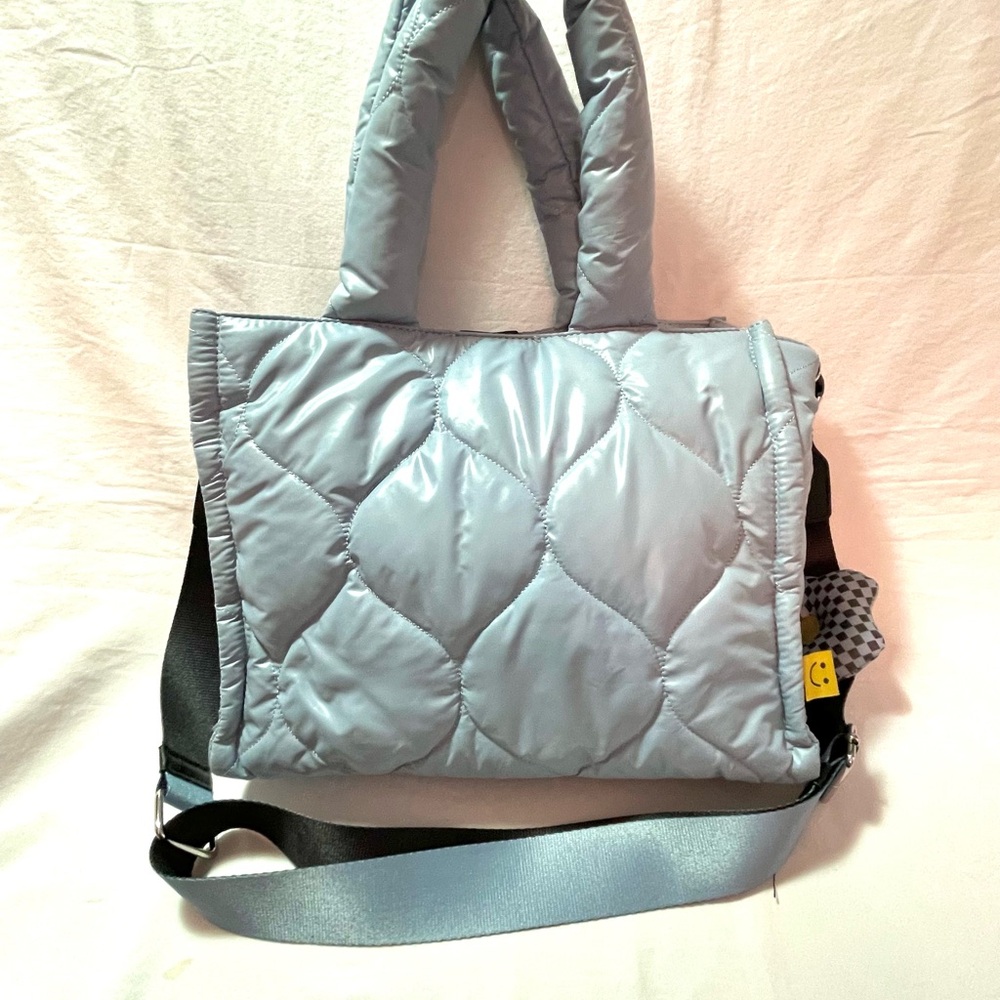 Light Blue Quilted Satchel with Modern Metallic Finish